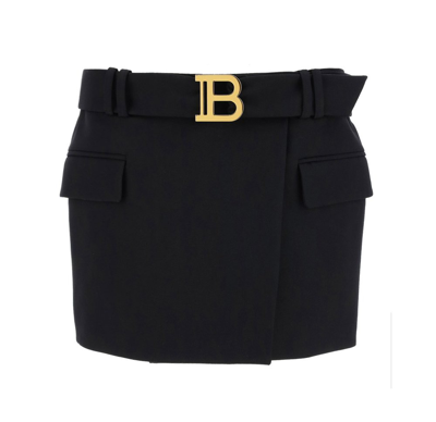 Balmain Belted Wrap-effect Wool-twill Mini Skirt In Black