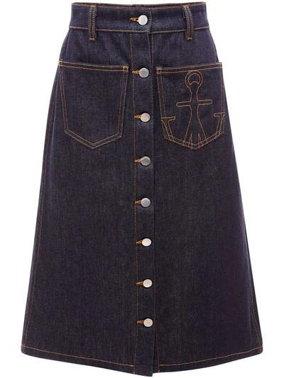 Jw Anderson Logo-embroidered A-line Denim Skirt In Blue