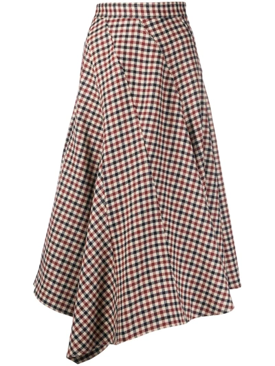 Jw Anderson Asymmetric Checked Wool Midi Skirt In Red