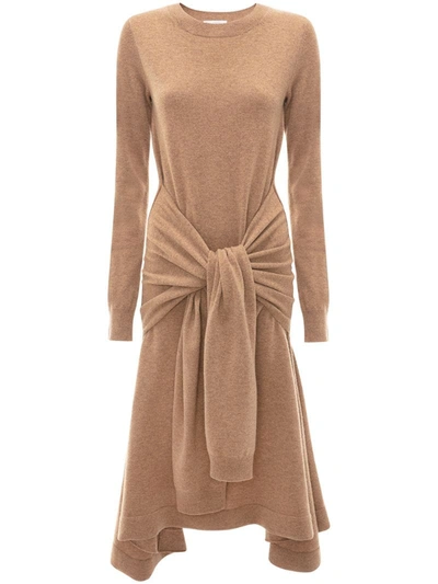 Jw Anderson A-line Midi Knit Dress W/ Belt Detail In Brown