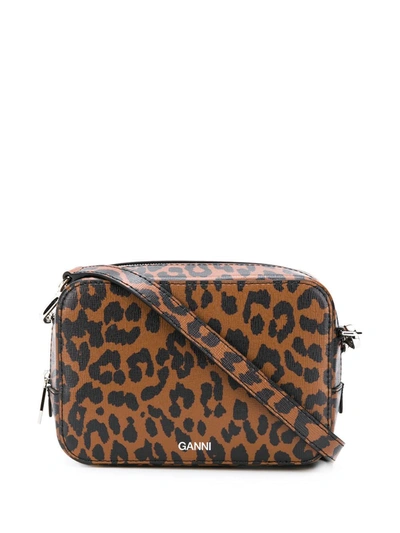 Ganni Leopard Print Crossbody Bag In Brown