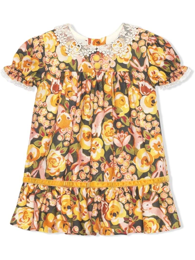 Gucci Baby Roses And Rabbits Print Viscose Dress In Yellow