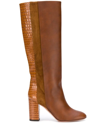 Aquazzura Eaton Knee-high Croc-embossed Leather & Suede Boots In Brown