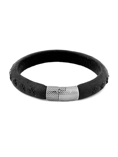 Zegna Sterling Silver & Cros-stitched Leather Bracelet