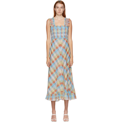 Ganni Ruffled Smocked Checked Cotton-blend Seersucker Midi Dress In Multi