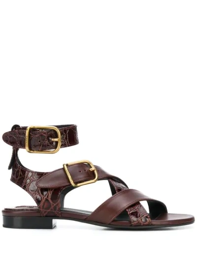 Chloé Crocodile-effect Strappy Sandals In Brown