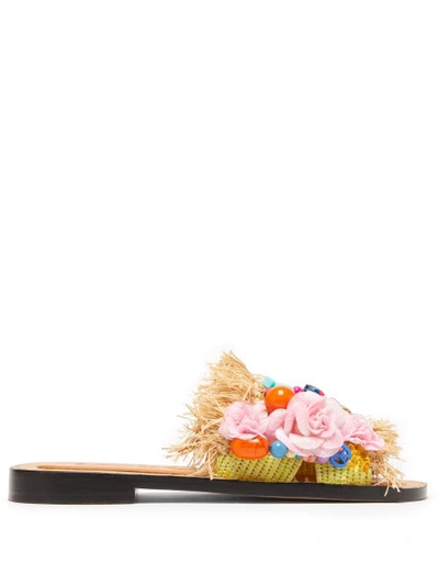 Loewe Paula's Ibiza Embellished Frayed Raffia And Leather Slides In Yellow