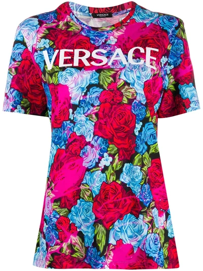 Versace Rose-print Slim-fit T-shirt In Blue
