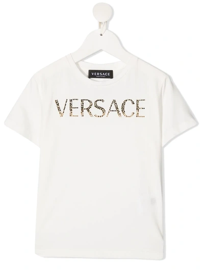 Young Versace Teen Stretch-cotton Logo Embellished T-shirt In Bianco