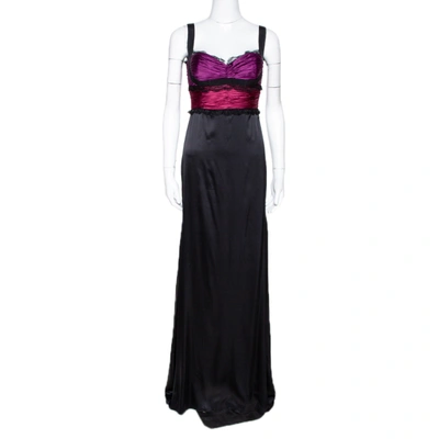 Pre-owned Roberto Cavalli Black Silk Lace Trim Gathered Maxi Dress M