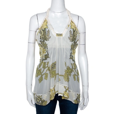 Pre-owned Roberto Cavalli Cream Printed Silk Sheer Halter Top S