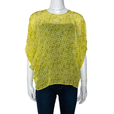 Pre-owned Giambattista Valli Giambatista Valli Yellow Textured Floral Print Silk Blouse Xs