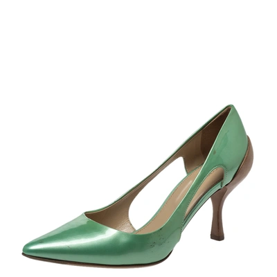 Pre-owned Sergio Rossi Green Patent And Brown Leather Cut Out Pumps Size 38