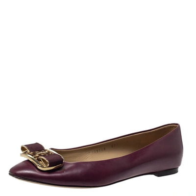 Pre-owned Ferragamo Burgundy Leather Bow Ballet Flats Size 38.5