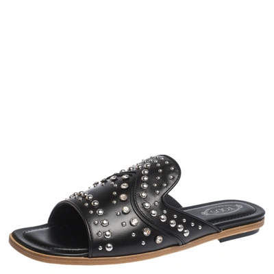 Pre-owned Tod's Black Studded Leather Open Toe Flat Slides Size 37.5