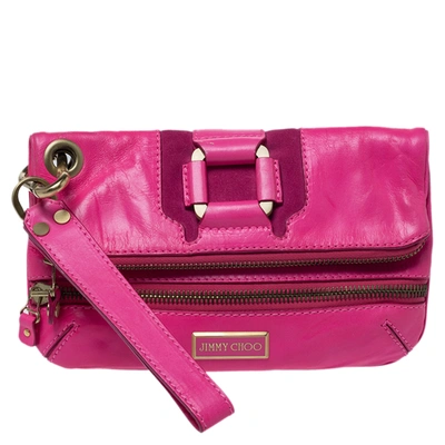 Pre-owned Jimmy Choo Neon Pink Leather Mave Foldover Clutch