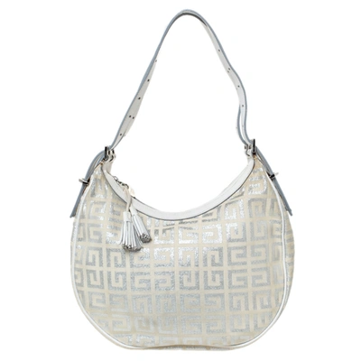 Pre-owned Givenchy White/silver Monogram Canvas And Leather Tassel Zip Hobo