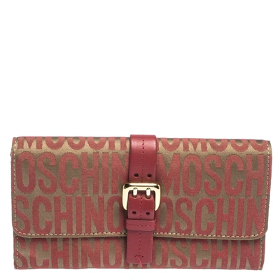 Pre-owned Moschino Red/beige Signature Fabric And Leather Buckle Flap Wallet