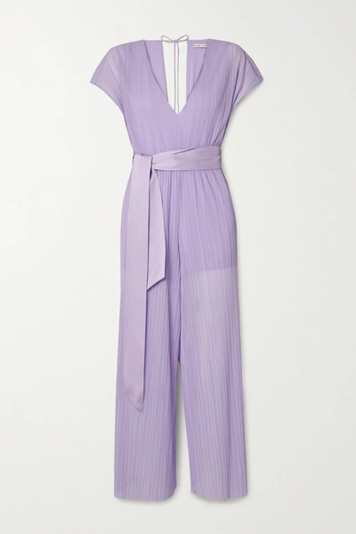 Alice And Olivia Mitsue Belted Plissé-voile Wide-leg Jumpsuit In Lavender