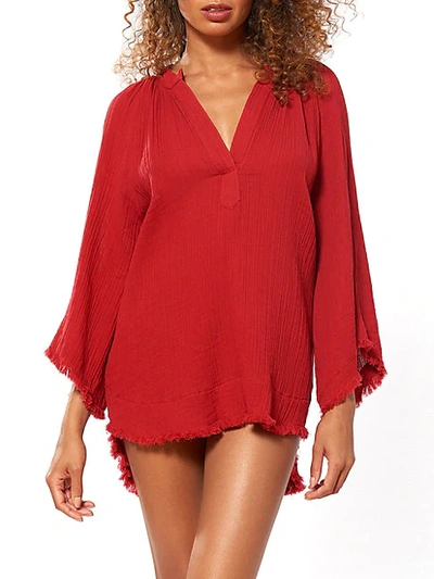Red Carter Fringed Hem Tunic Coverup In Brick