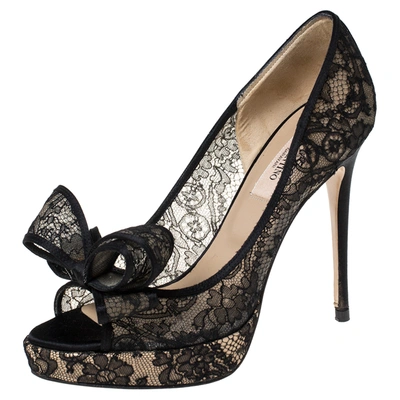 Pre-owned Valentino Garavani Black Floral Couture Lace Bow Peep Toe Platform Pumps Size 36