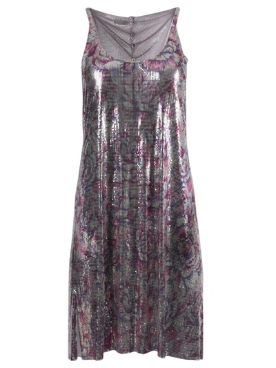 Paco Rabanne Floral Print Chain-link Dress In Grey