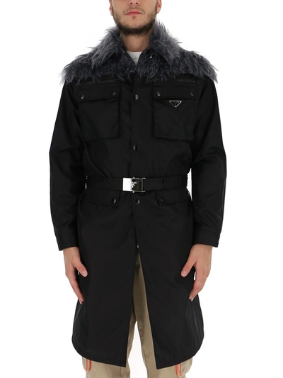 Prada Fur Trim Belted Coat In Black