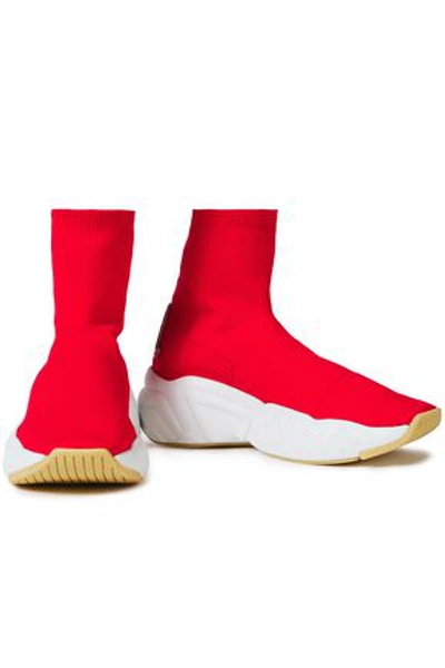 Acne Studios Akune Leather-appliquéd Stretch-knit High-top Trainers In Red