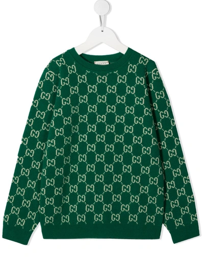 Gucci Kids' Gg Supreme Crew Neck Jumper In Green