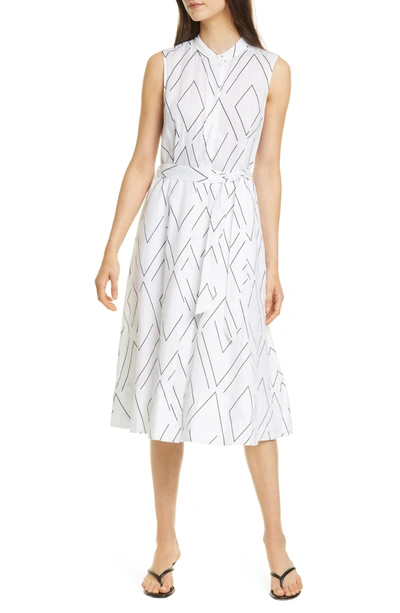 Equipment Short Clevete Geometric Print Sleeveless Belted Midi Dress In Brt Wht Tr