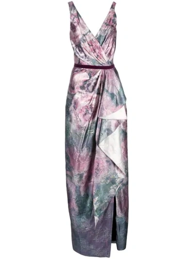 Marchesa Notte Wrap-effect Metallic Floral-print Jacquard Gown In Amethyst