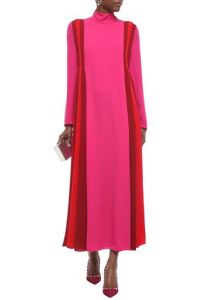 Valentino Color-block Silk-crepe Turtleneck Maxi Dress In Fuchsia