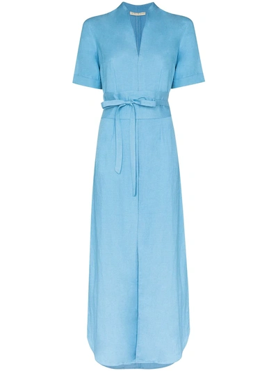 Usisi Belted Linen-blend Maxi Dress In Blue