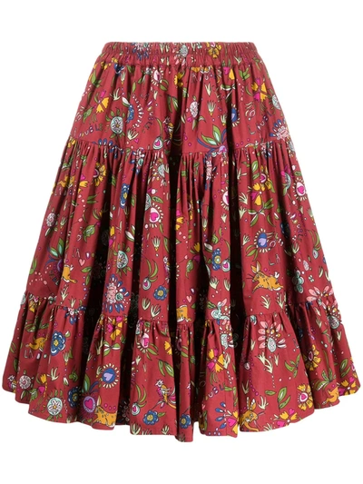 La Doublej Love Tiered Ruffle Cotton Skirt In Red