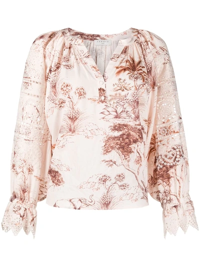 Sandro Foliage Print Cut-out Detail Blouse In Neutrals