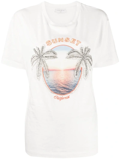 Sandro Palm Tree Embellished Beach Print T-shirt In White