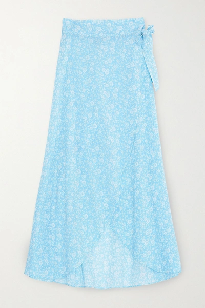 Ganni Floral-print Cotton-voile Wrap Midi Skirt In Light Blue