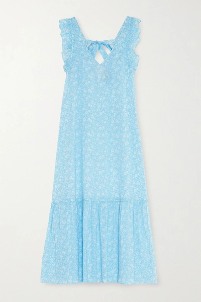 Ganni Ruffled Floral-print Cotton-voile Midi Dress In Light Blue