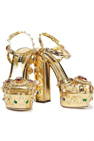 Dolce & Gabbana Embellished Metallic Patent-leather Platform Sandals In Gold