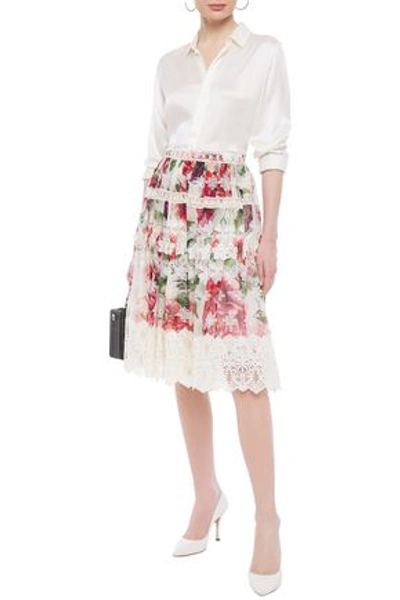 Dolce & Gabbana Guipure Lace-trimmed Floral-print Silk-blend Georgette Skirt In White