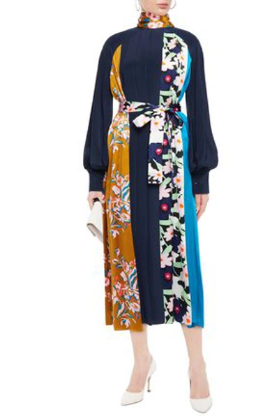 Roksanda Afisa Floral-print Silk-satin And Crepe Midi Dress In Midnight Blue