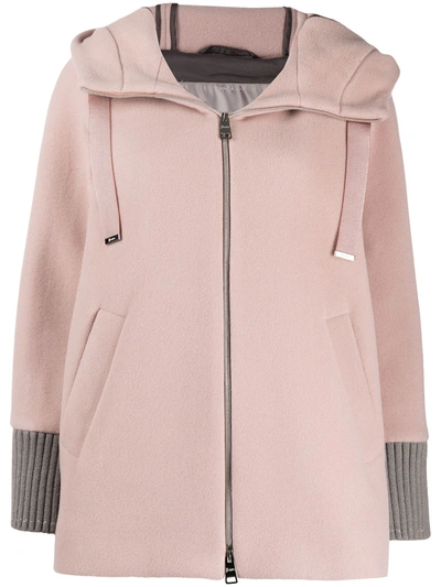 Herno Drawstring Hood Zipped Coat In Pink