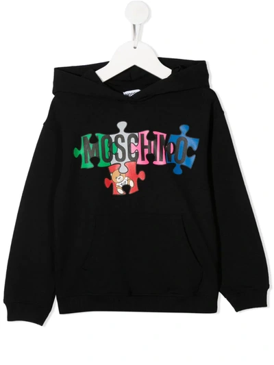 Moschino Teen Puzzle Logo Print Hoodie In Black