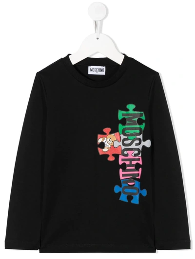 Moschino Kids' Logo Puzzle-print T-shirt In Black