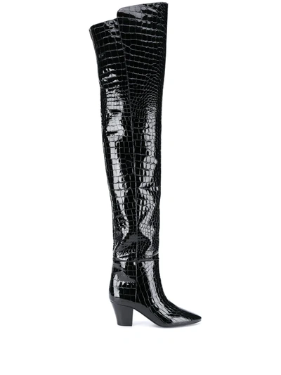 Saint Laurent Sun Over-the-knee Croc-embossed Leather Boots In Nero