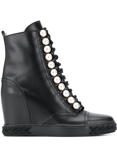 Casadei Pearl-embellished Wedge Boots In Black