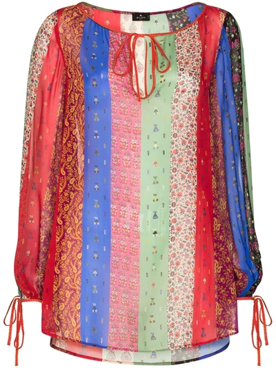 Etro Colour-blocked Paisley And Floral-print Blouse In Blue