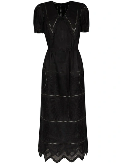 Vita Kin Puff-sleeve Embroidered Linen Dress In Black