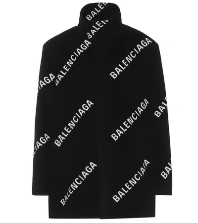 Balenciaga All Over Logo Wool Blend Cocoon Coat In Black