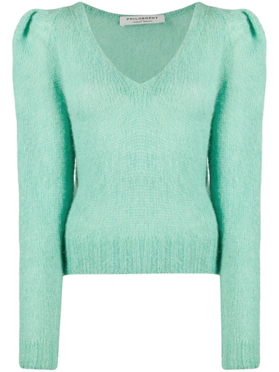 Philosophy Di Lorenzo Serafini V-neck Puffed-shoulder Jumper In Green